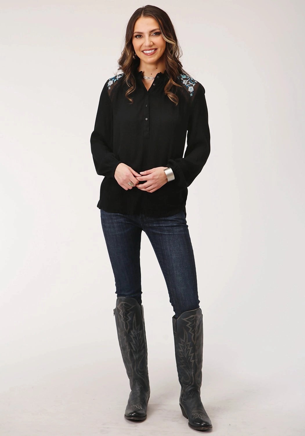 Roper Womens Floral Crinkle Black 100% Rayon L/S Blouse Subtle Print