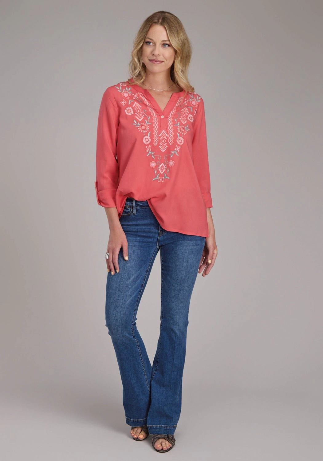 Roper Womens Floral Split V Placket Pink 100% Rayon L/S Tunic Contemporary Design Urban Edge