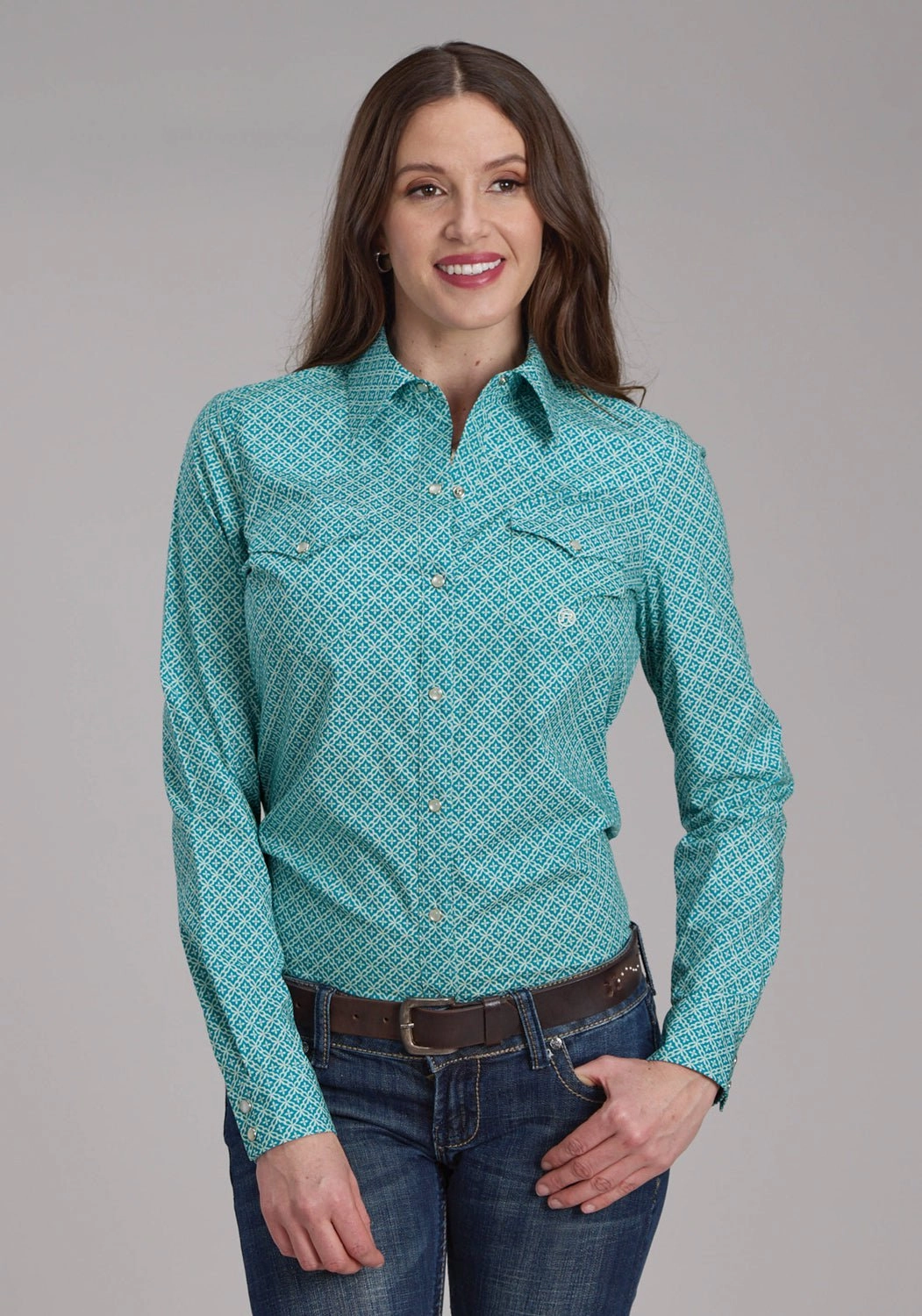 Roper Womens Four Point Foulard Turquoise Cotton Blend L/S Shirt Sustainable Choice Chambray Fabric