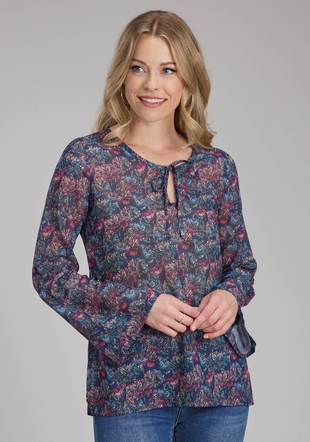 Roper Womens Gem Floral Keyhole Multi-Color 100% Cotton L/S Blouse Weekend Adventure