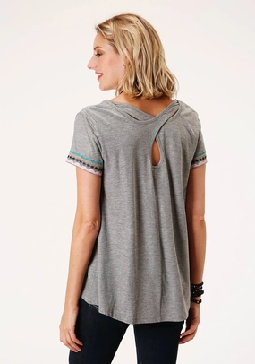 Structured Shoulder Support Roper Womens Grey 100% Cotton Geometric Embroidery S/S T-Shirt