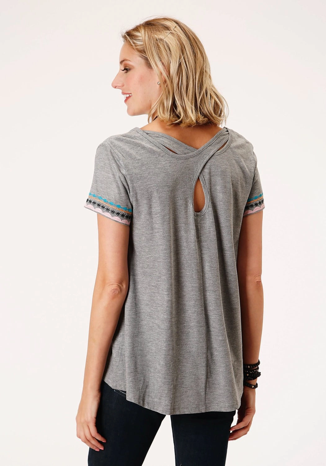 Structured Shoulder Support Roper Womens Grey 100% Cotton Geometric Embroidery S/S T-Shirt