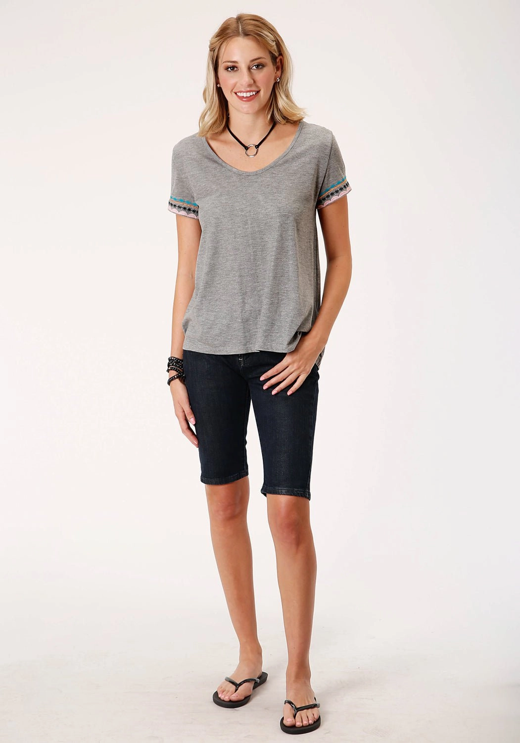 Ruffle Edge Roper Womens Grey 100% Cotton Geometric Embroidery S/S T-Shirt