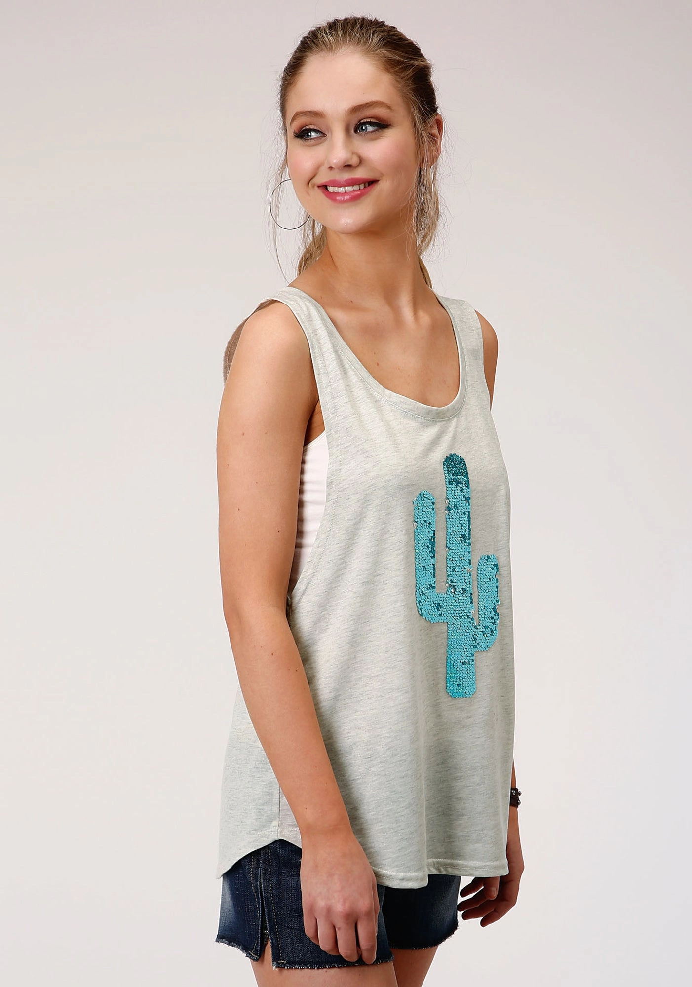 Roper Womens Grey Poly/Rayon Glitter Cactus S/L Tank Top Classic Style