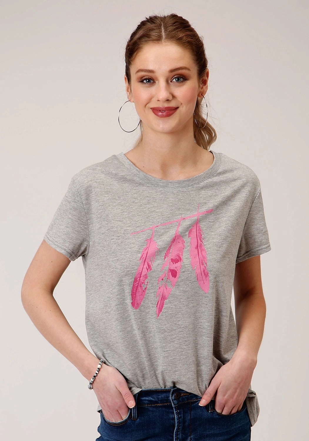 Roper Womens Grey Poly/Rayon Pink Feathers S/S T-Shirt Mountain Retreat