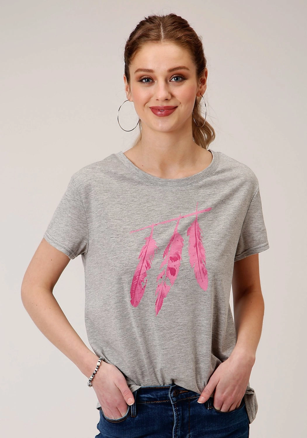 color block Roper Womens Grey Poly/Rayon Pink Feathers S/S T-Shirt