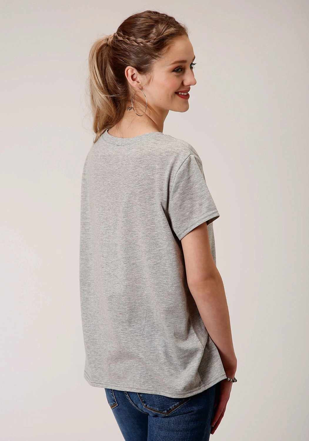 Roper Womens Grey Poly/Rayon Pink Feathers S/S T-Shirt Structured Collar Striped Design