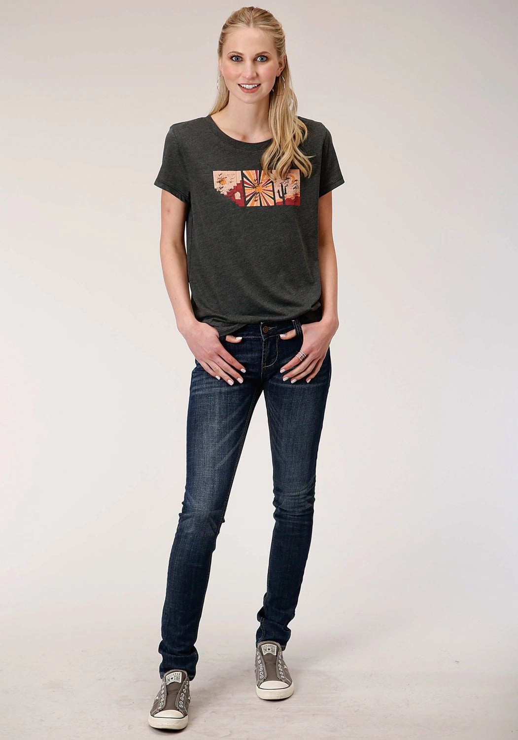 Roper Womens Grey Poly/Rayon Southwestern Scene S/S T-Shirt Festival Outfit Subtle pattern