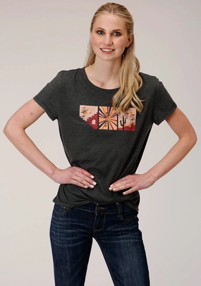 Roper Womens Grey Poly/Rayon Southwestern Scene S/S T-Shirt Lightweight texture