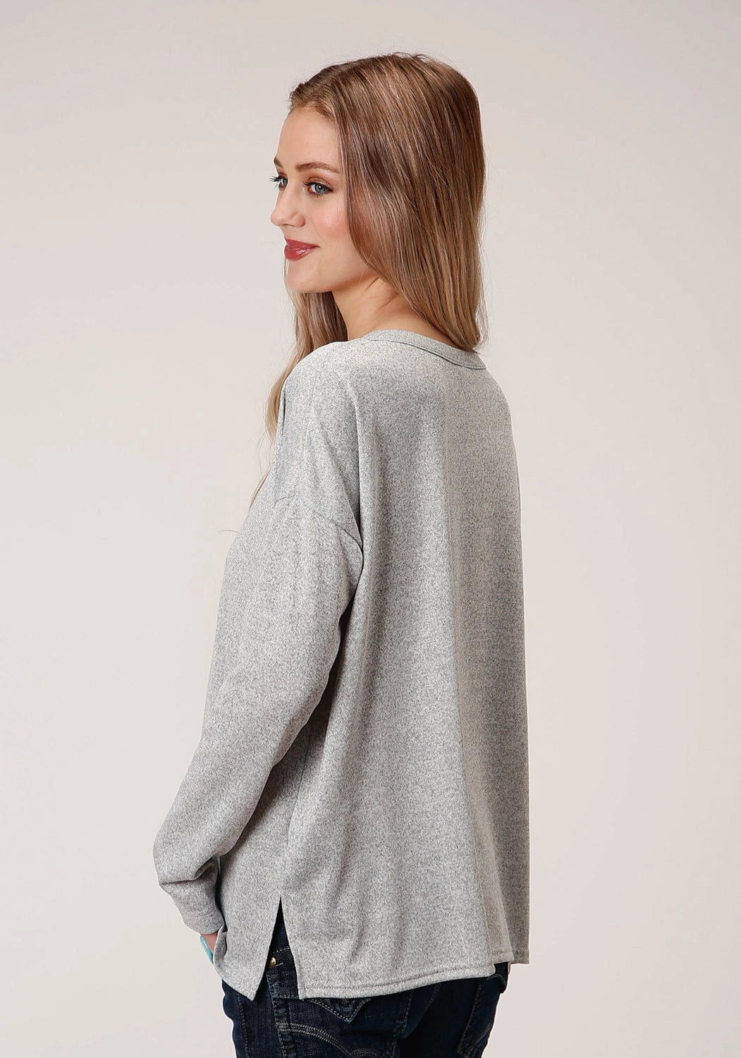 Seamless Stitching Cozy Fabric Roper Womens Grey Polyester Slouchy Fit Sweater