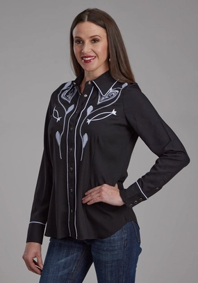 Roper Womens Heart Twill Retro Black Poly/Spandex L/S Shirt Snag Free Surface