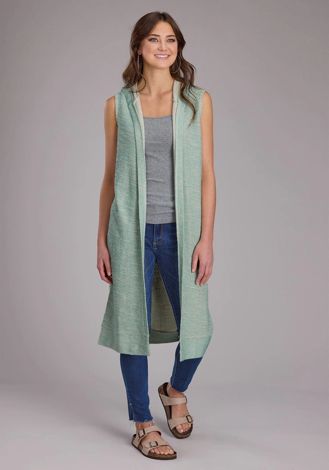 Roper Womens Hooded Sleeveless Aqua/Cream 100% Cotton Cardigan Sweater Abrasion Resistant Seams Cozy Look