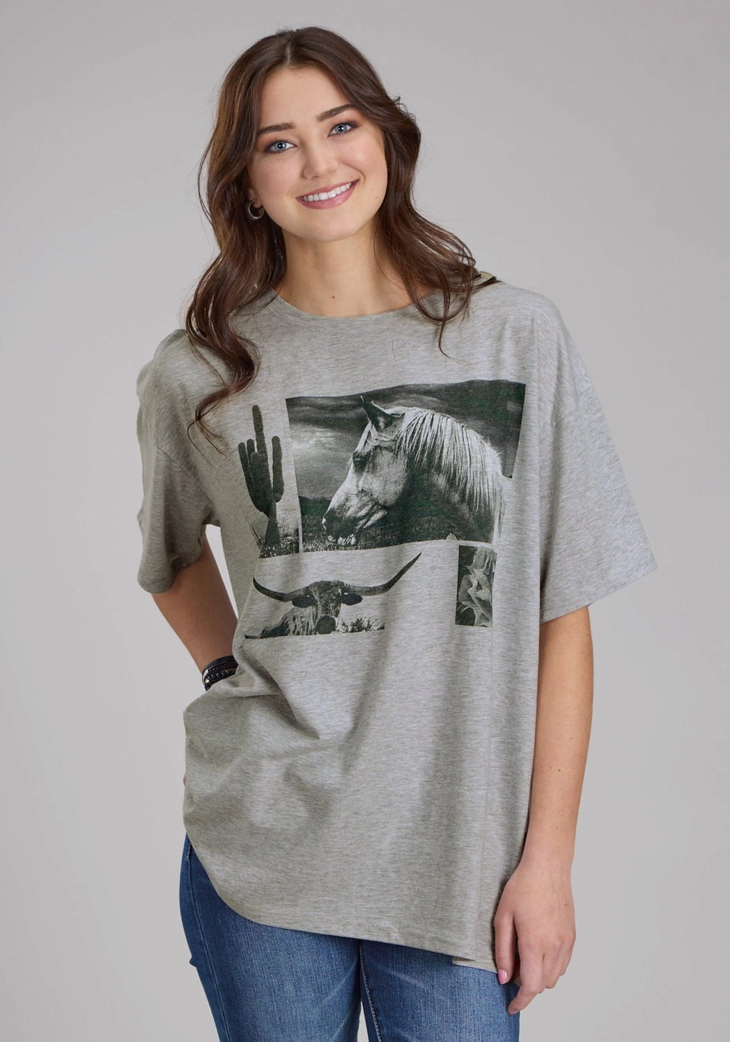 Plus size option Elegant Finish Roper Womens Horse and Longhorn Grey Cotton Blend S/S T-Shirt