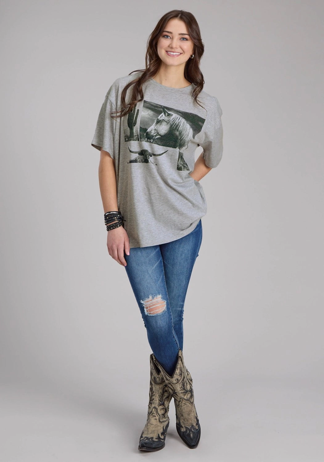 Roper Womens Horse and Longhorn Grey Cotton Blend S/S T-Shirt Personalized Touch Durable Thread Construction