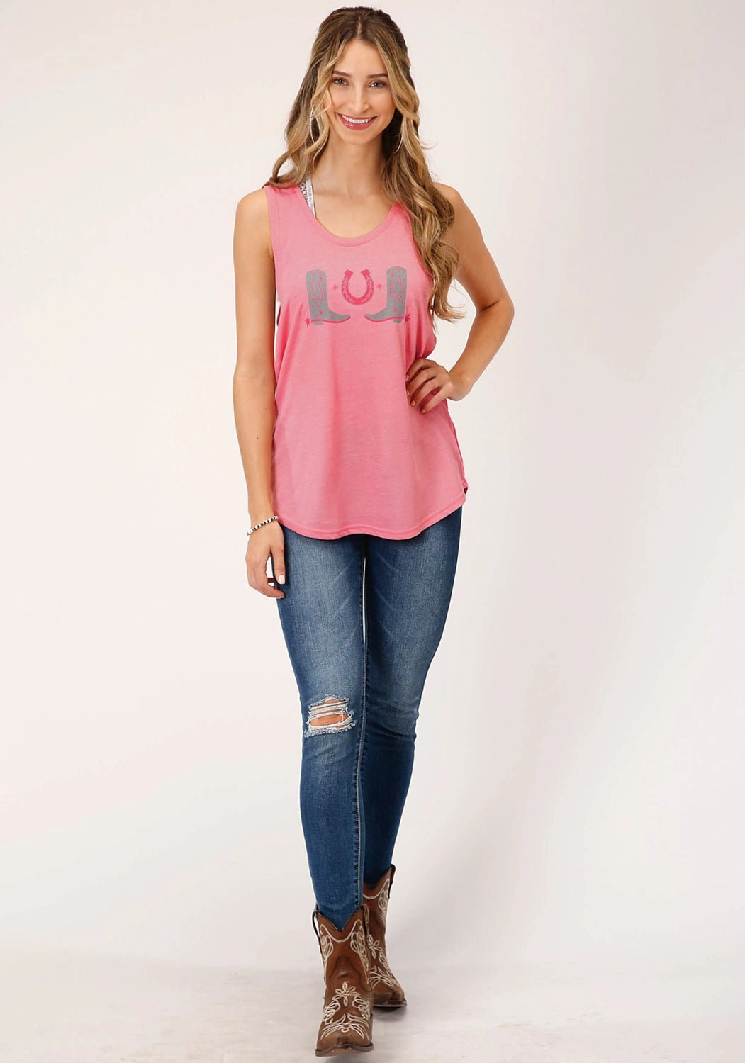 Multipurpose Layering Fabric Brushed Inner Lining Roper Womens Horseshoes and Boots Pink Poly/Rayon S/L Tank Top