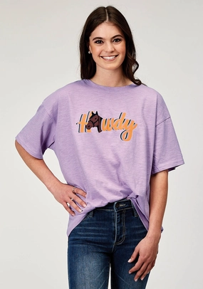 Roper Womens Howdy Horse Lilac 100% Cotton S/S T-Shirt Versatile Look Mountain Escape
