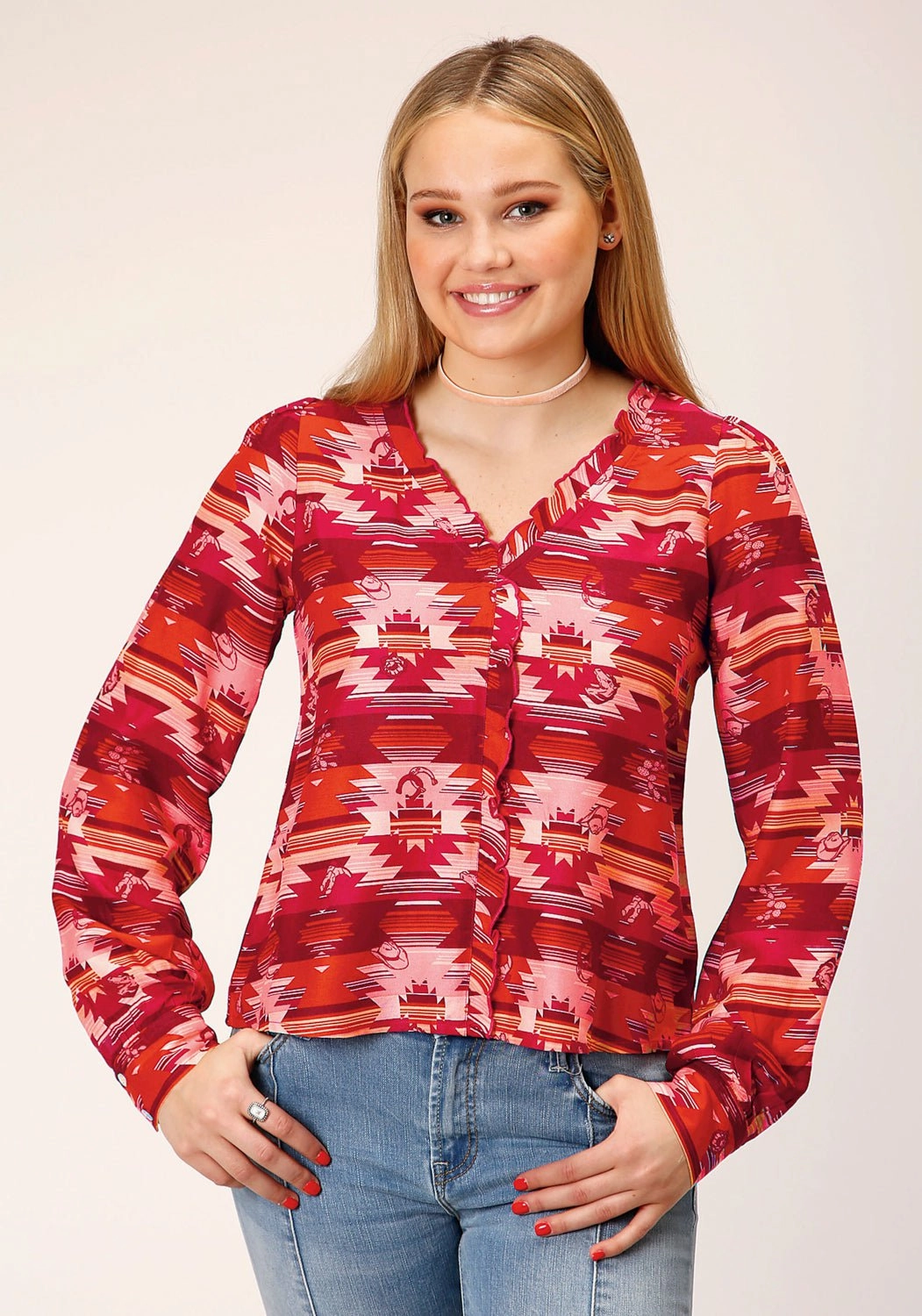Fitted Shape Moisture Wicking Material Roper Womens Icon Aztec Red Rayon/Nylon L/S Blouse