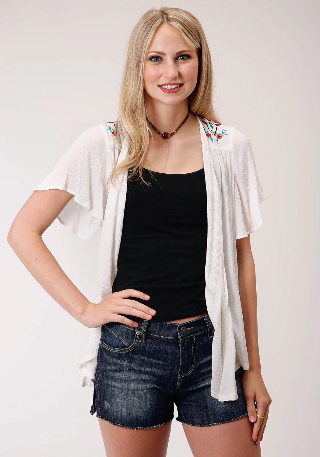 Eco Friendly Dye Process Roper Womens Ivory Rayon/Nylon Crepe Cardigan S/S Blouse