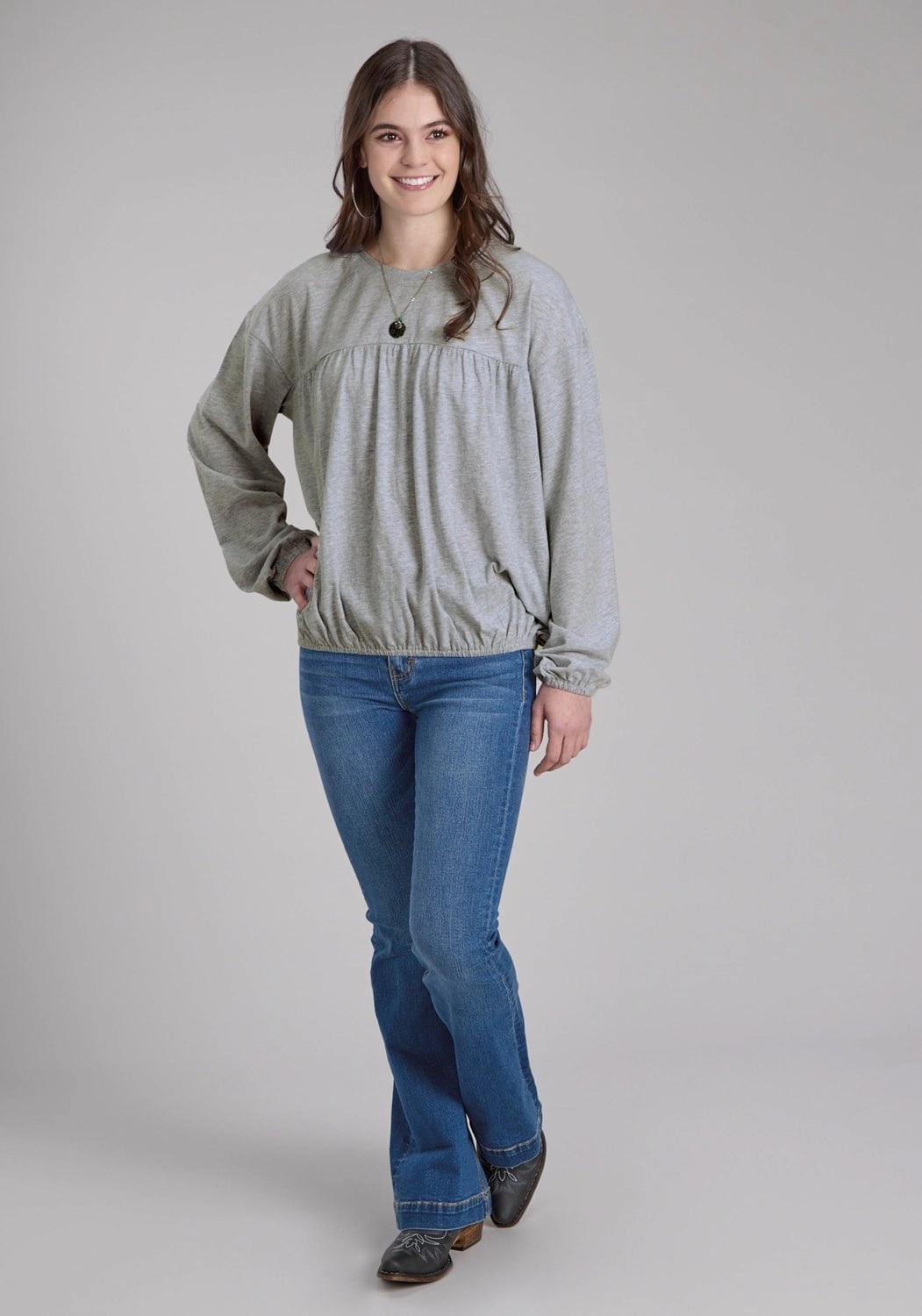 Smooth Texture Bold Print Roper Womens Jersey Knit Grey Cotton Blend L/S Blouse