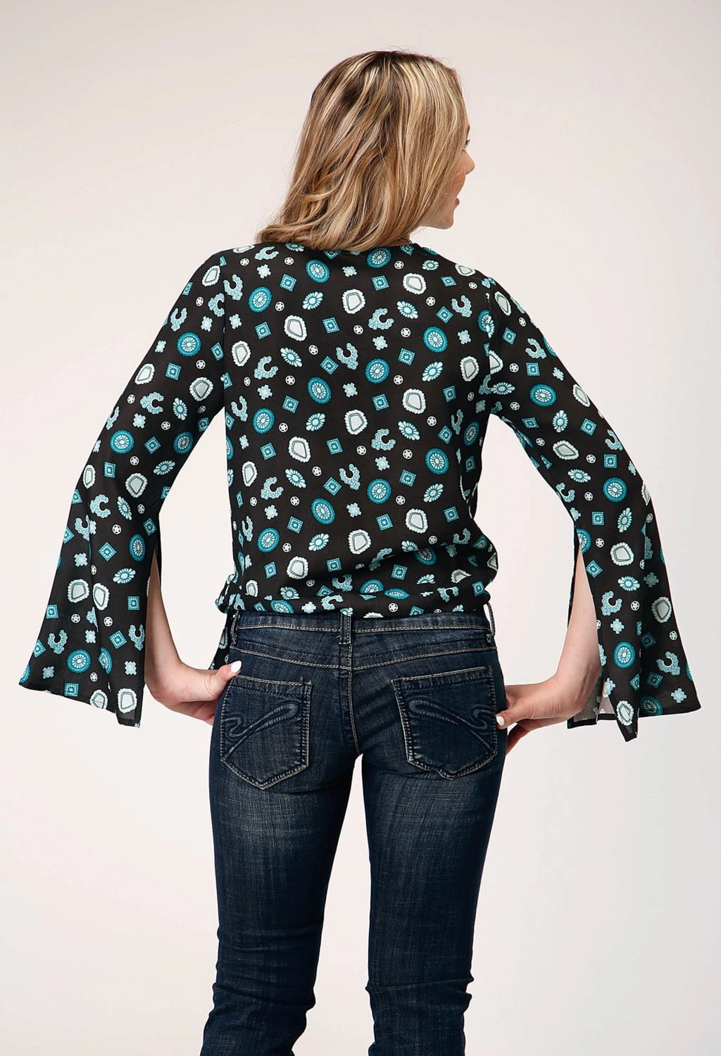 Roper Womens Jewelry Wrap Black 100% Rayon L/S Blouse Work Appropriate