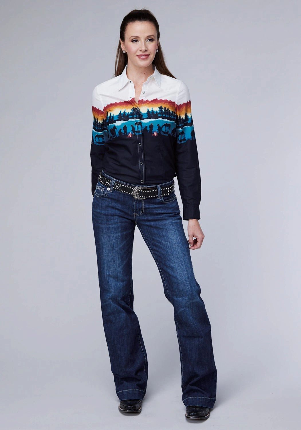 Flexible Placket Structure Roper Womens Lakeside Camp Border Black 100% Cotton L/S Shirt