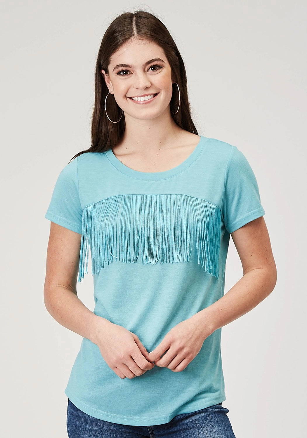 Fashion staples Double Stitched Hems Roper Womens Matching Fringe Light Blue Poly/Cotton S/S T-Shirt