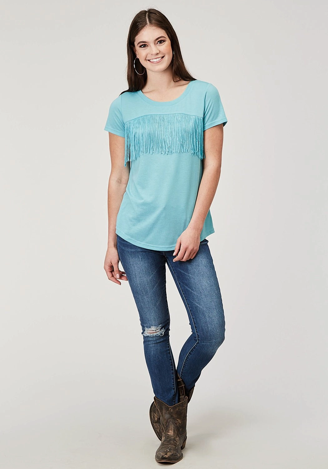 Multipocket Style Workwear Ready Roper Womens Matching Fringe Light Blue Poly/Cotton S/S T-Shirt