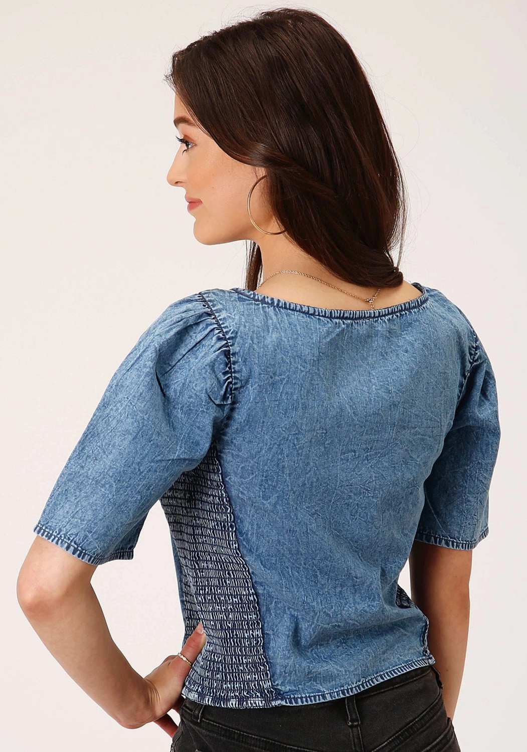 Winter Fashion Roper Womens Medium Denim Top Blue 100% Cotton S/S Blouse