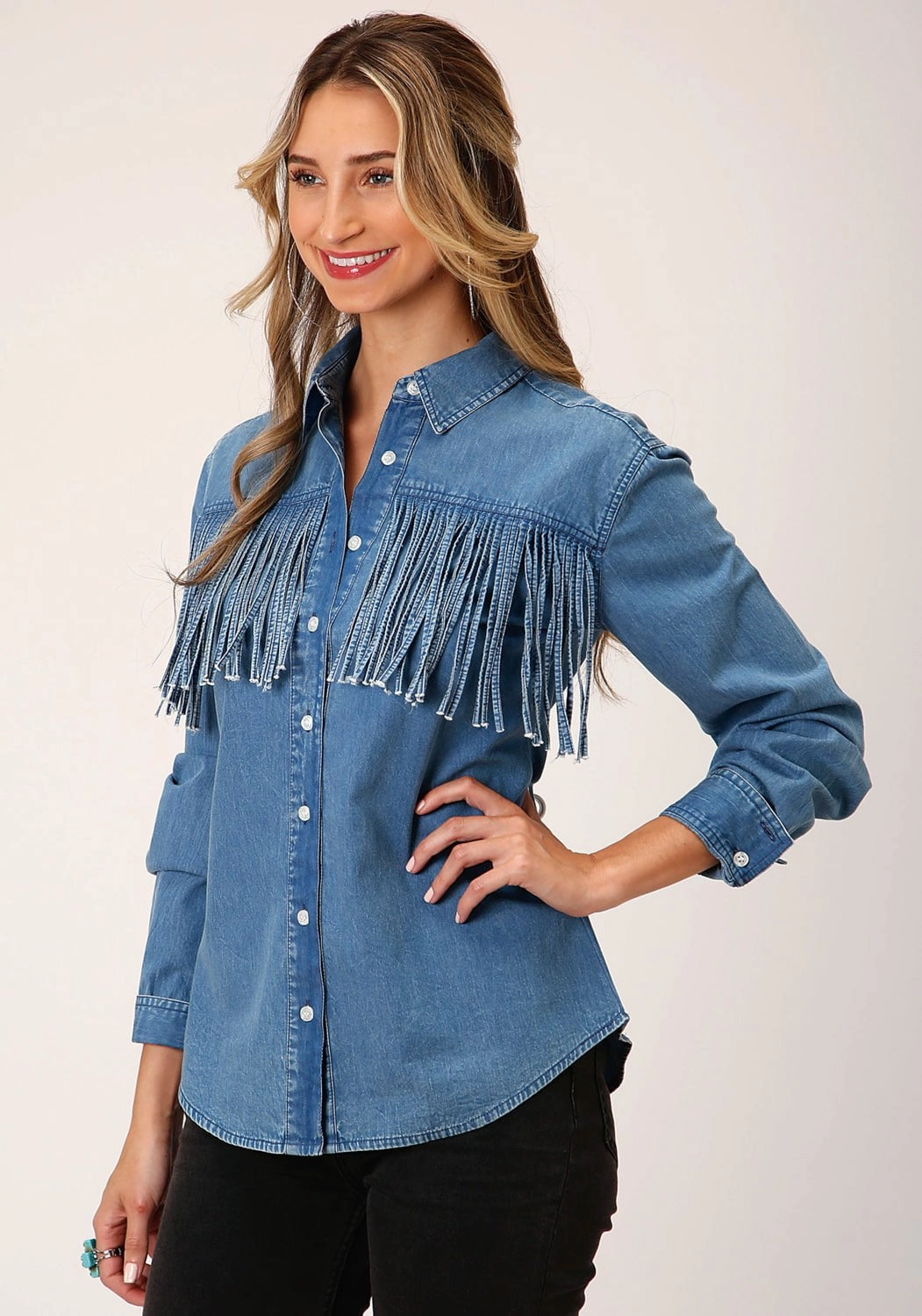 Premium Feel Durable Texture Roper Womens Medium Fringe Blue 100% Cotton L/S Shirt