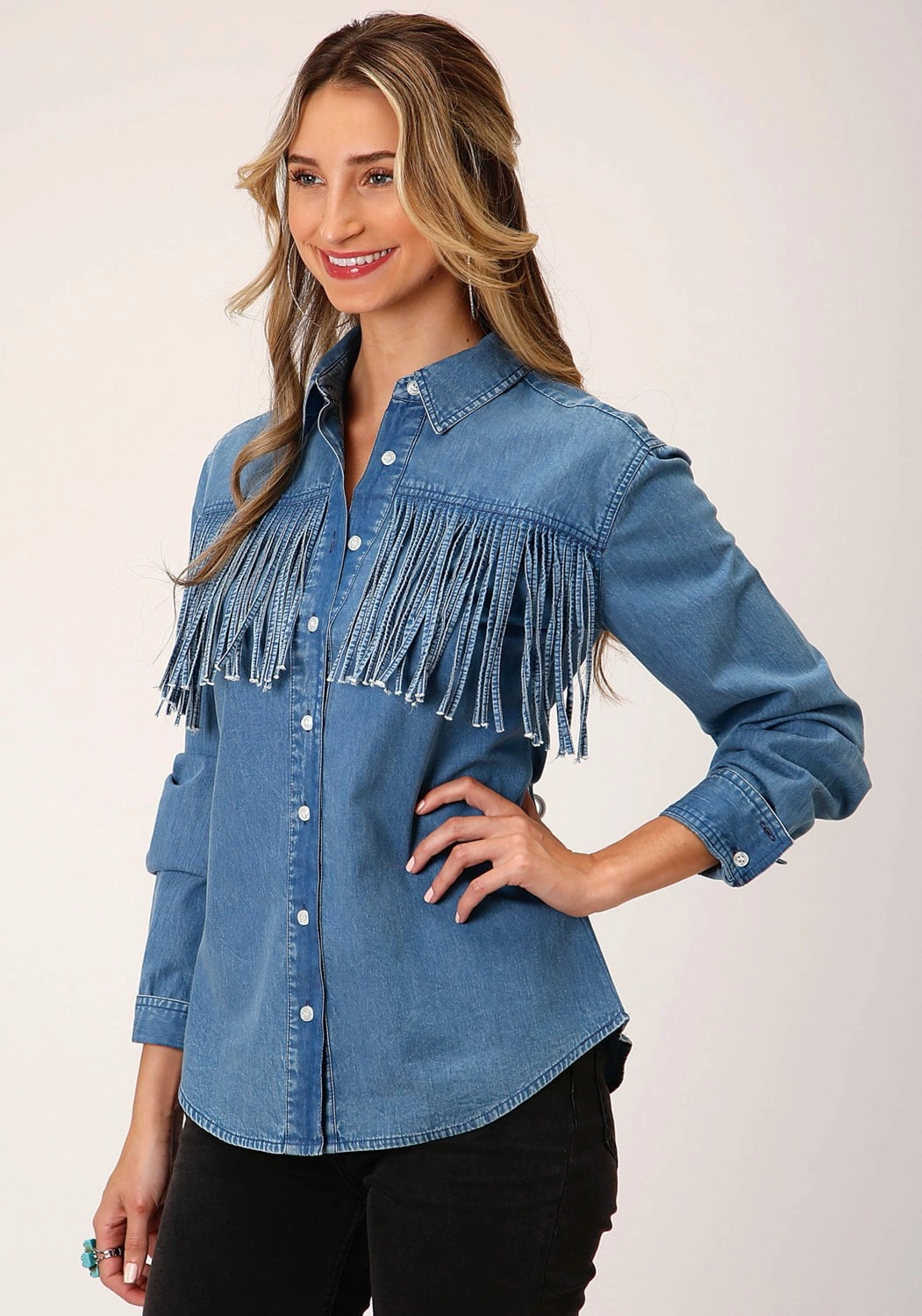 Formal Elegance Youthful Appeal Roper Womens Medium Fringe Blue 100% Cotton L/S Shirt