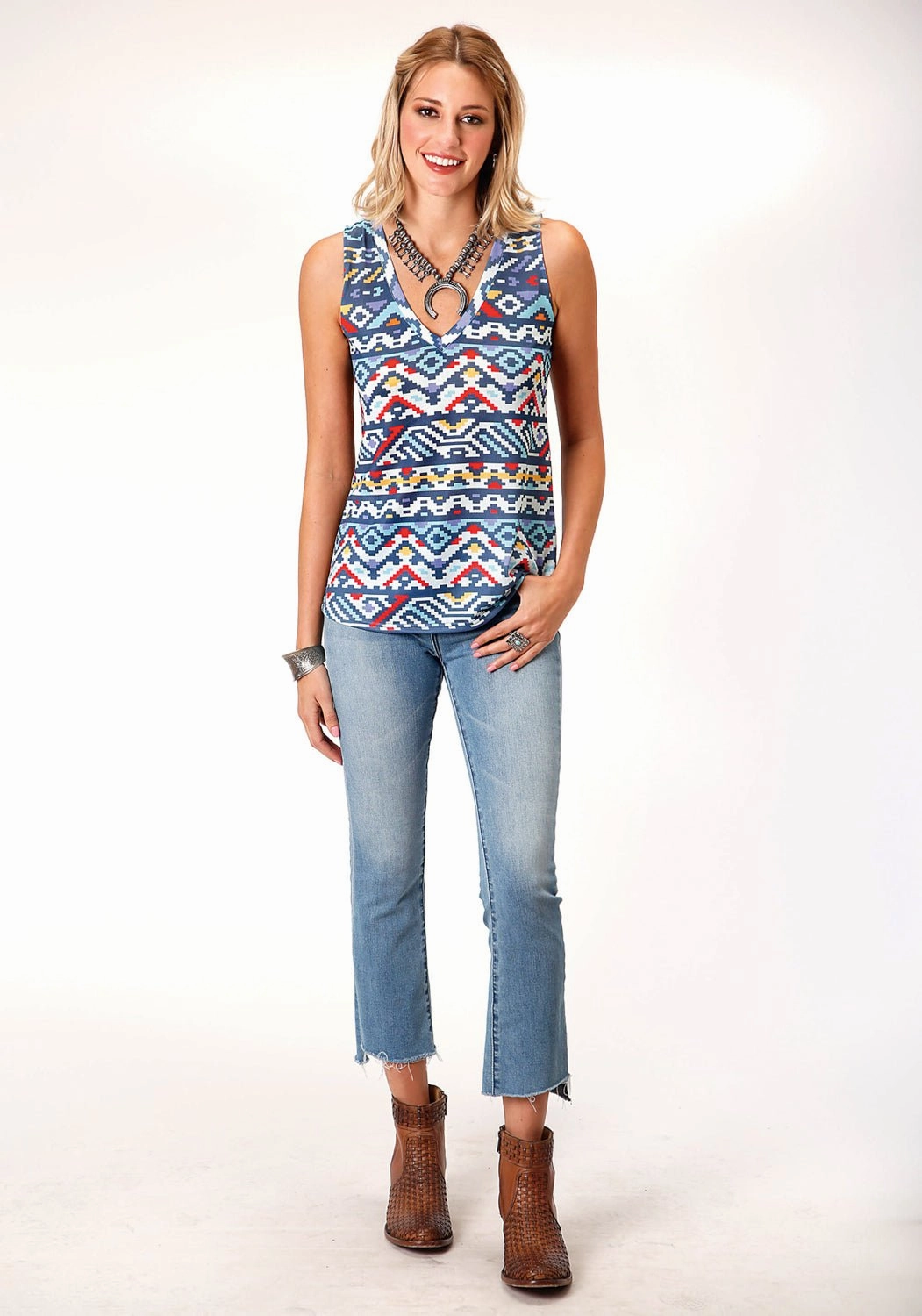 Night Out Roper Womens Multi-Color Polyester Aztec Knit S/L Tank Top