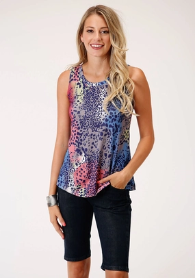 Reinforced Elbow Patches Roper Womens Multi-Color Polyester Leopard S/L Tank Top
