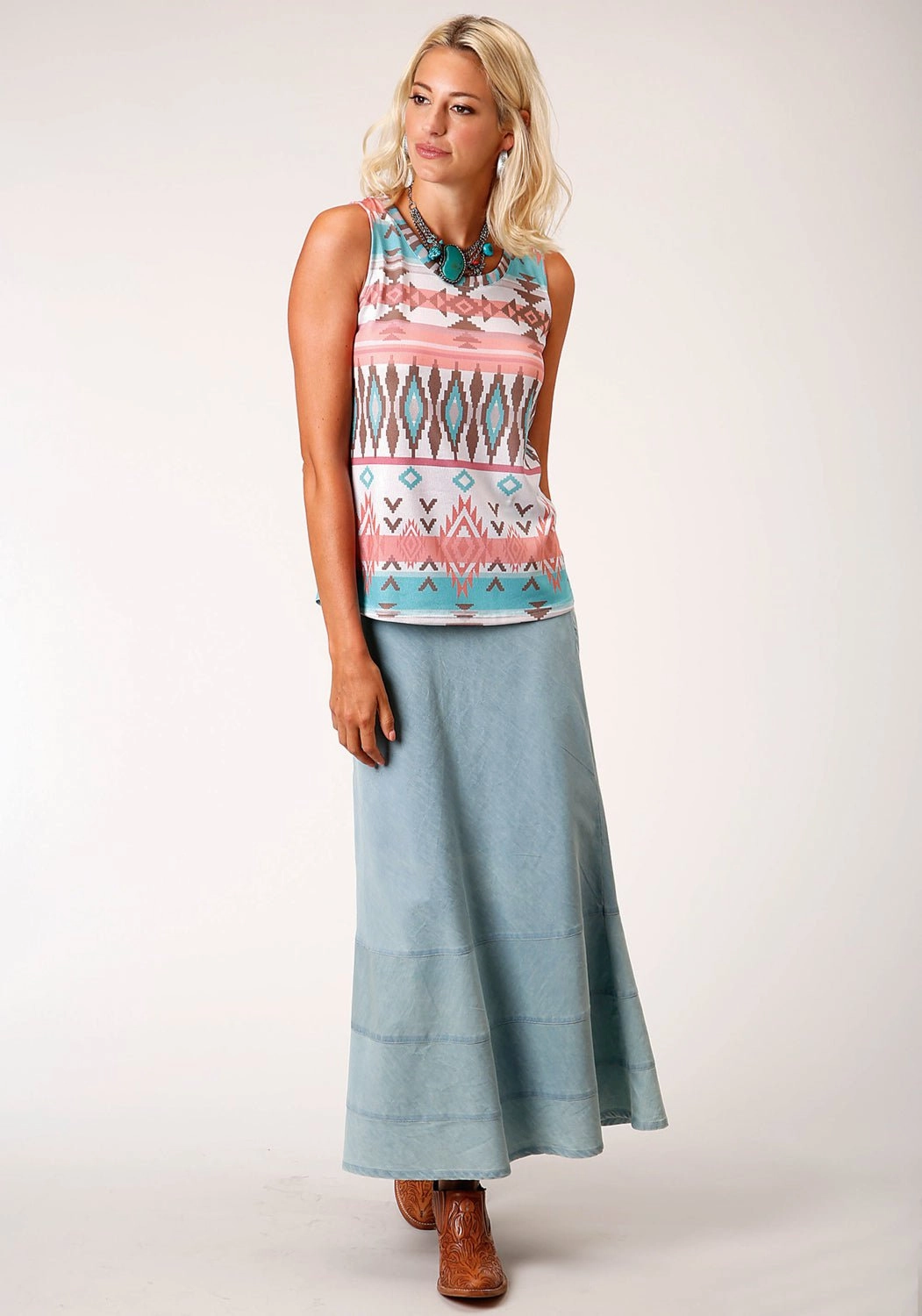 Odor Resistant Roper Womens Multi-Color Polyester Pastel Aztec S/L Tank Top