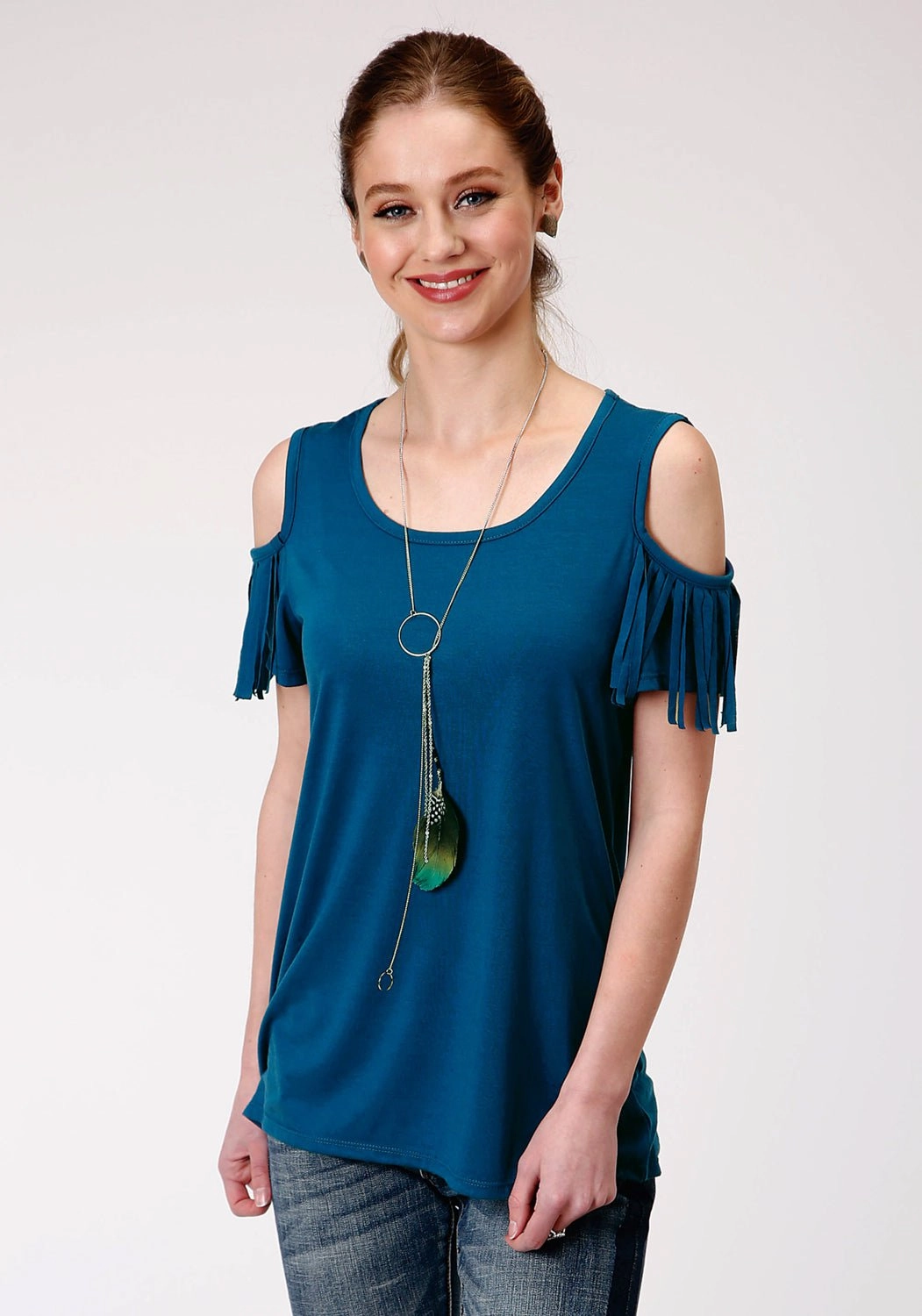 Roper Womens Navy Blue Poly/Rayon Cold Shoulders S/S T-Shirt All Purpose Weave Design Abrasion resistant