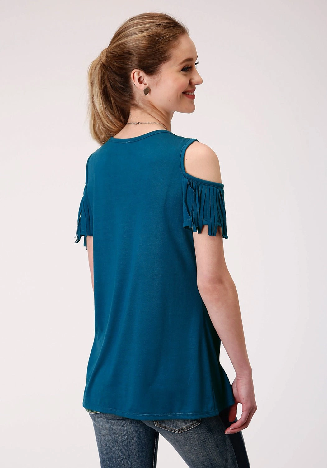 Current Style Customizable Option Roper Womens Navy Blue Poly/Rayon Cold Shoulders S/S T-Shirt