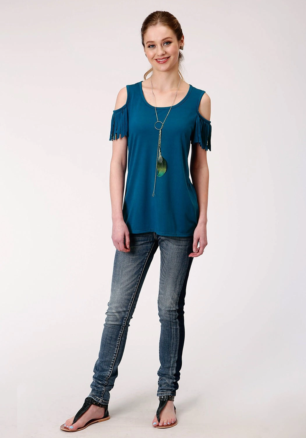 Roper Womens Navy Blue Poly/Rayon Cold Shoulders S/S T-Shirt Non Static Finish Flexible Placket Structure