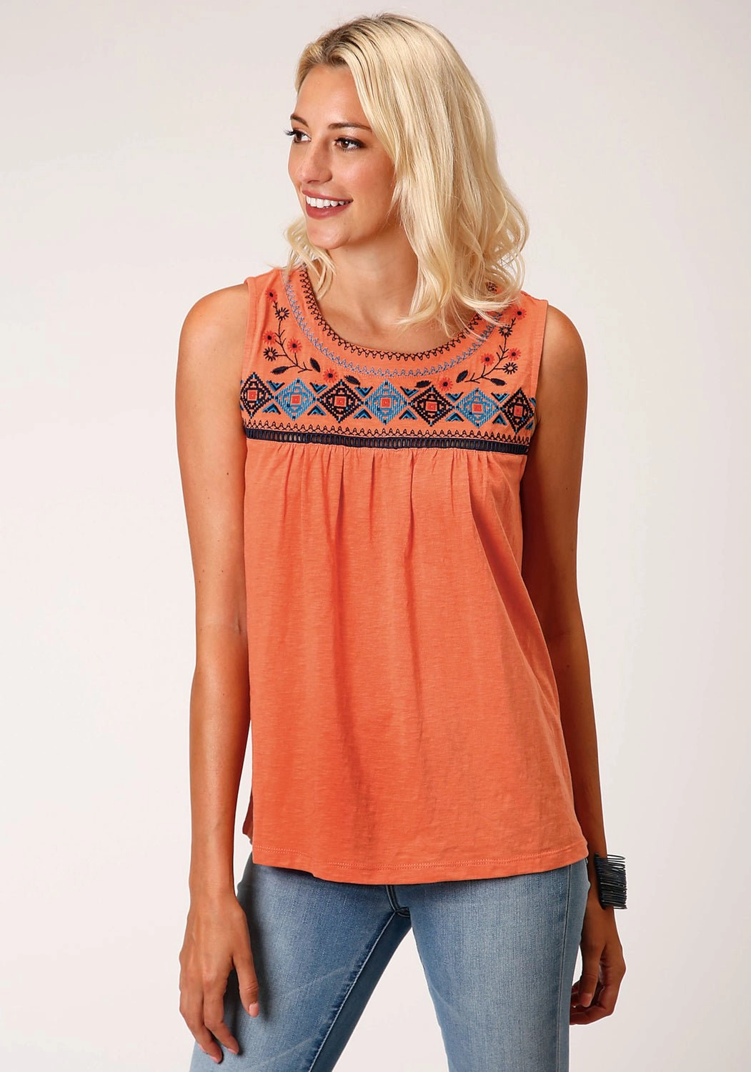 slim fit Roper Womens Orange 100% Cotton Colorful Bandana S/L Tunic