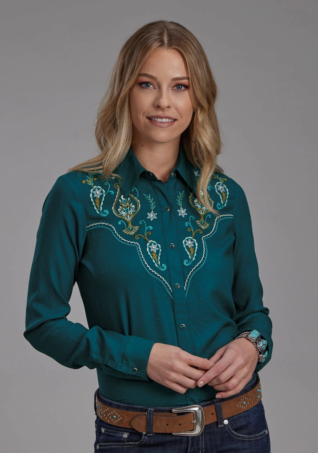 Weekend Adventure Roper Womens Paisley Yoke Teal 100% Rayon L/S Shirt