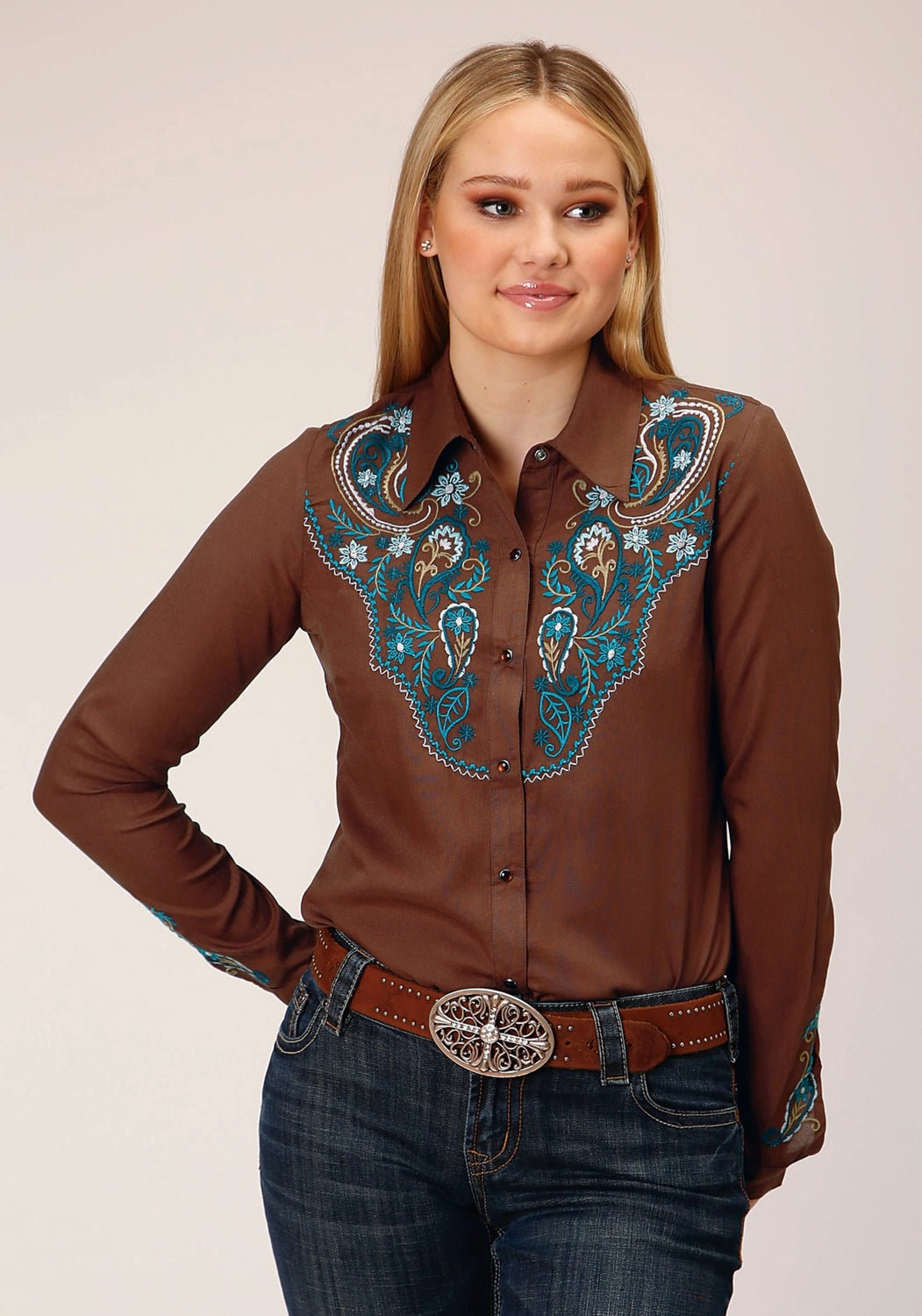 Current Style Wrinkle Resistant Roper Womens Paisley Yokes Brown 100% Rayon L/S Shirt