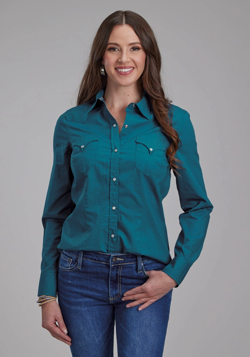 Roper Womens Performance Poplin Blue 100% Cotton L/S Shirt Layered Hemline Classy Detail