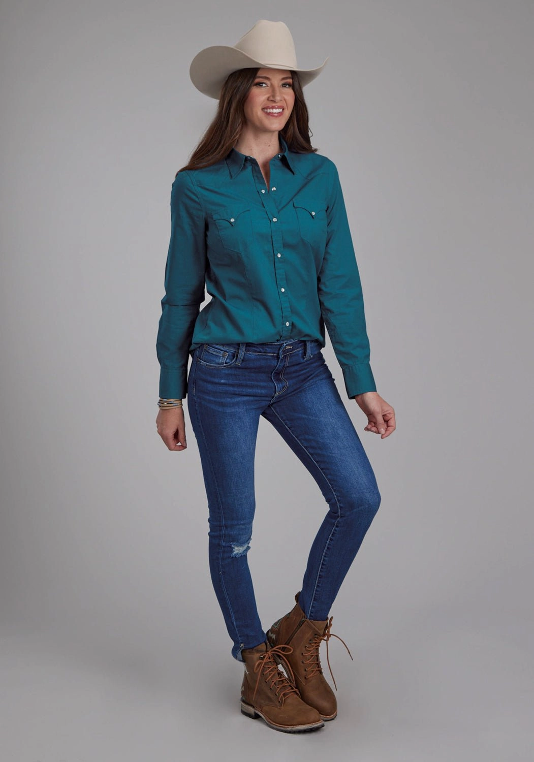 Summer Must-have Smooth Texture Roper Womens Performance Poplin Blue 100% Cotton L/S Shirt