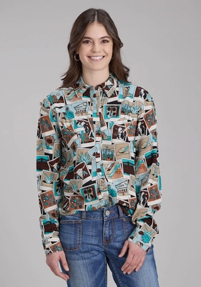Mountain Escape Roper Womens Photo Collage Multi-Color 100% Rayon L/S Blouse