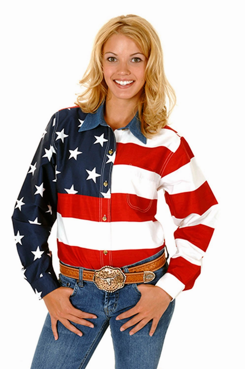 Non Iron Fabric Current Style Roper Womens Pieced Stars and Stripes Red/Blue 100% Cotton Btn L/S Shirt