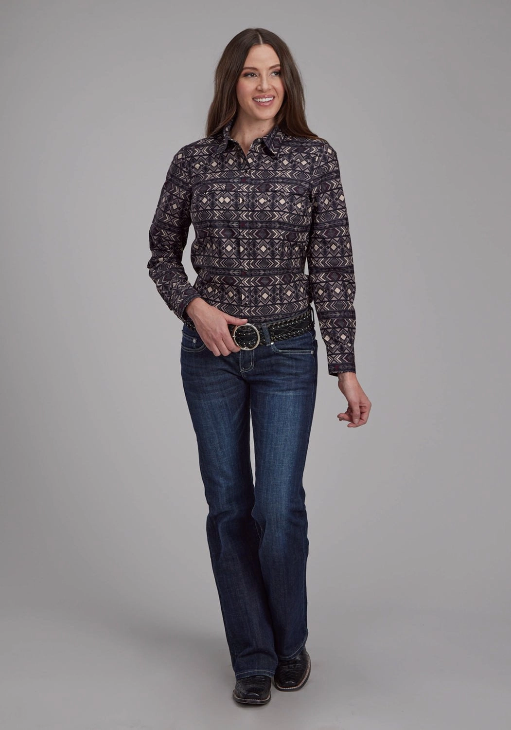 Unmatched comfort Cool Comfort Roper Womens Pop Color Aztec Grey 100% Cotton L/S Shirt