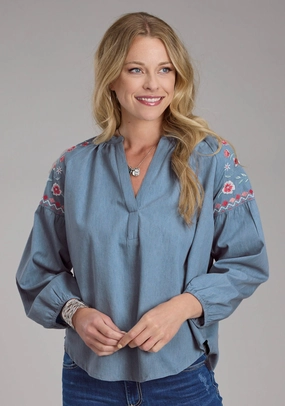 Roper Womens Pretty V-Neck Peasant Blue 100% Cotton L/S Blouse Two Tone Stitching Handcrafted Detail