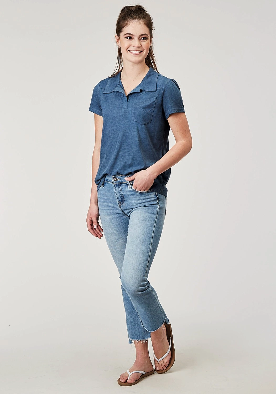 Roper Womens Puffed Polo Navy Poly/Cotton S/S T-Shirt All Day Comfort Tech Sustainable production