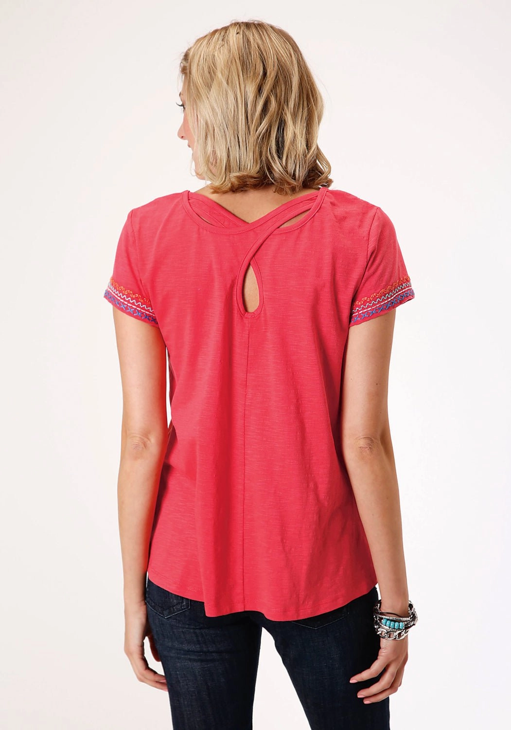 Roper Womens Red 100% Cotton Geometric Sleeves S/S T-Shirt Airflow Ventilation System Lightweight Weave