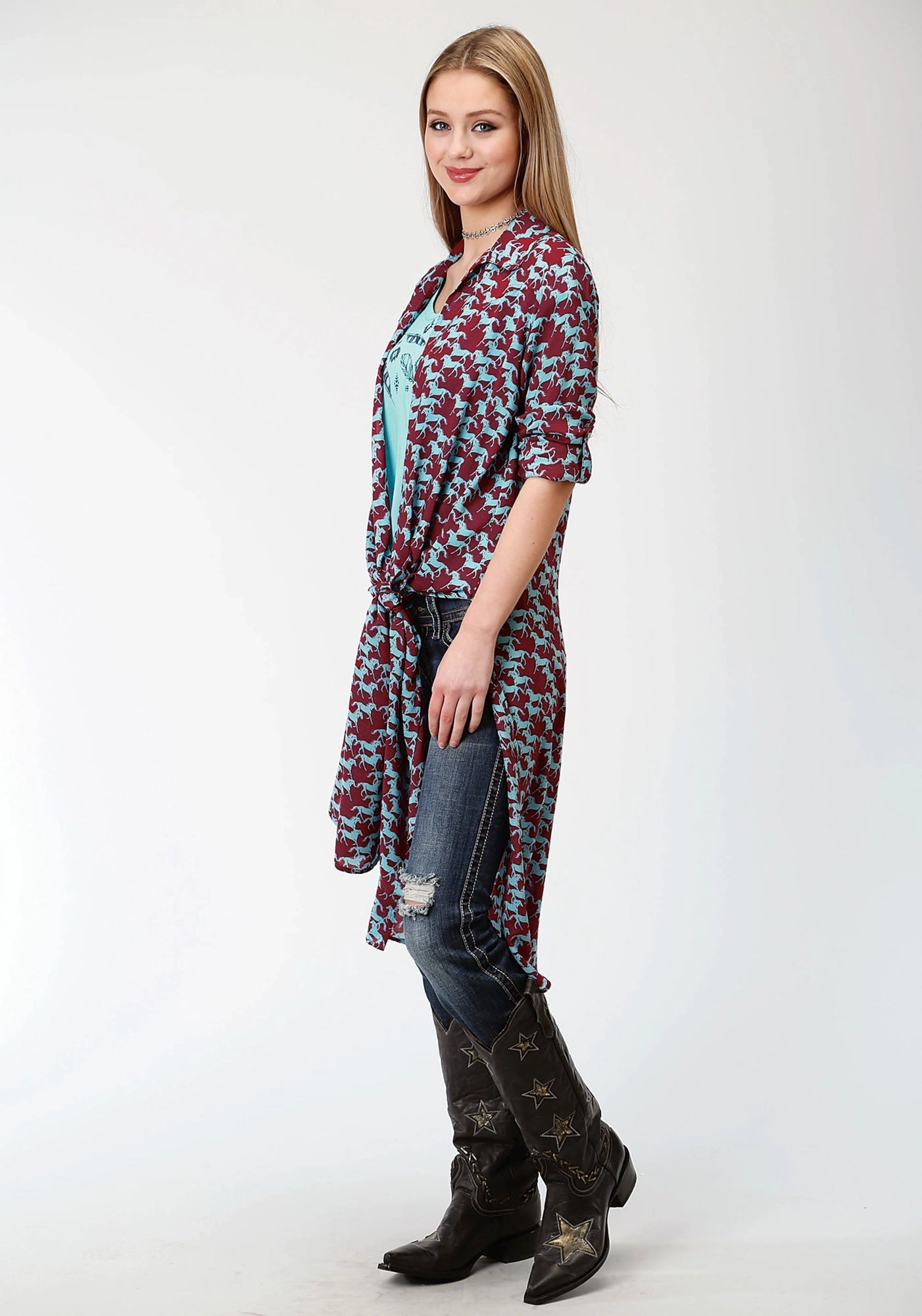 Versatile Layering Piece Eco Dye Process Roper Womens Red Rayon/Nylon Turquoise Stampede Cardigan