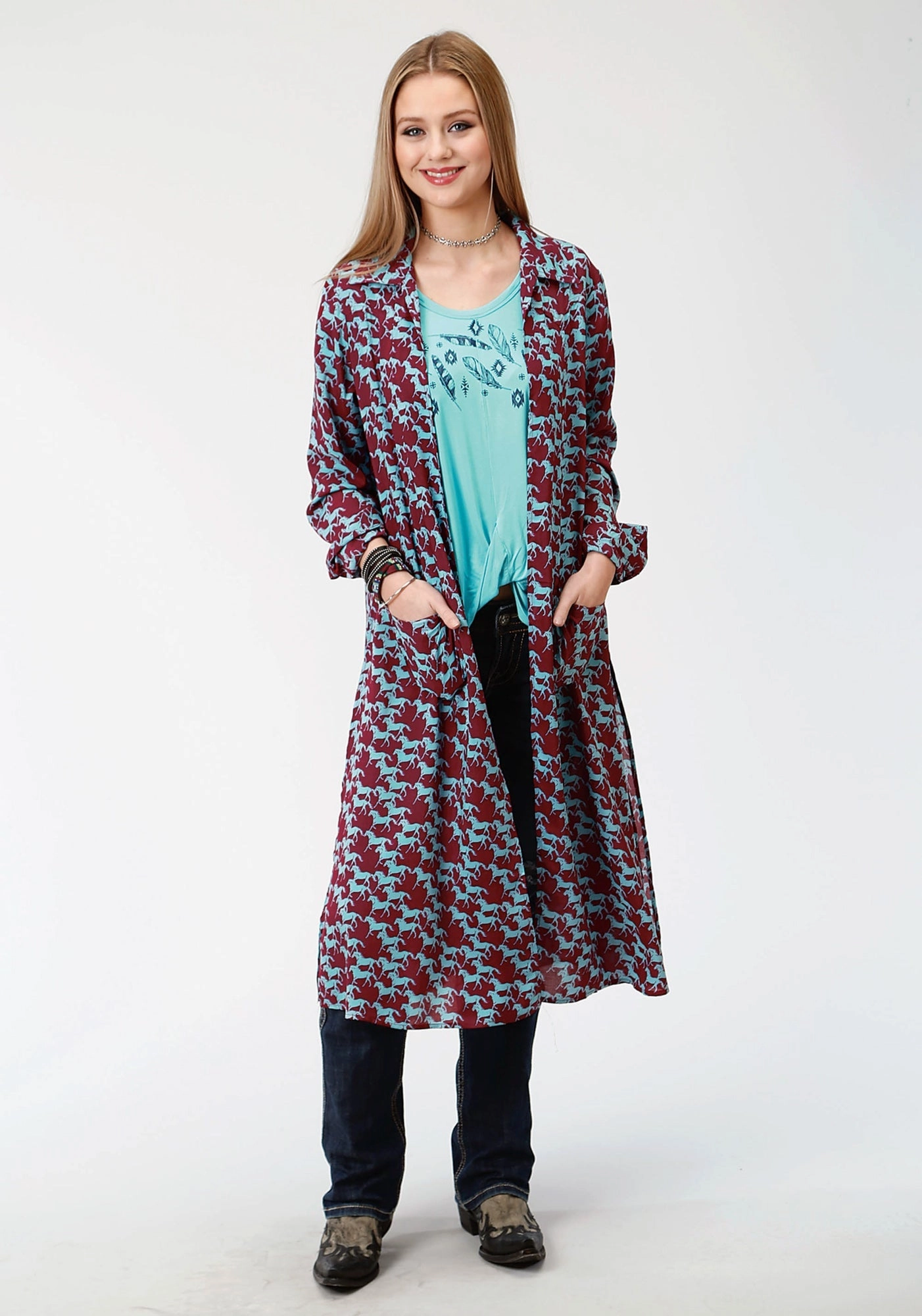 Wrinkle Resistant Textile Layering Style Roper Womens Red Rayon/Nylon Turquoise Stampede Cardigan