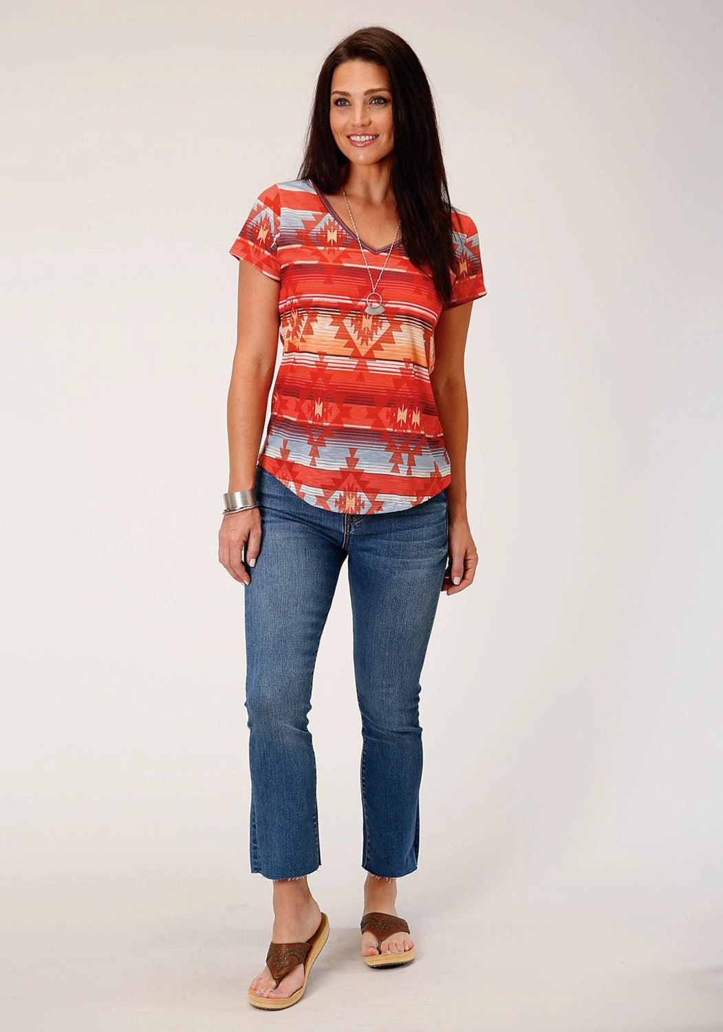 Job Interview Winter Collection Roper Womens Red Sublimation Multi-Color 100% Polyester S/S Blouse